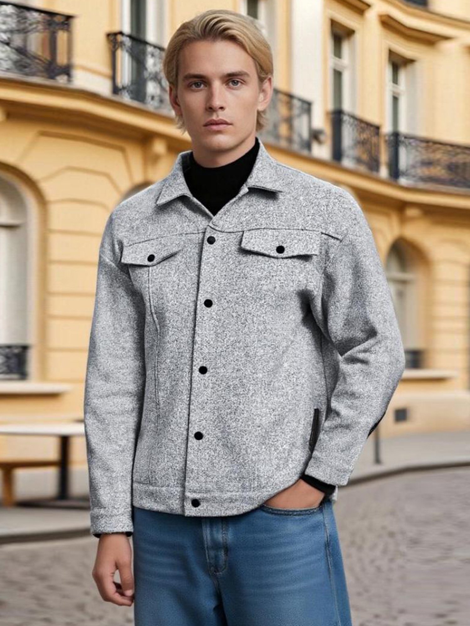 Manteau d'automne-hiver en polaire pour hommes, manches longues, col rabattu, veste unie à boutons-pression - Image 8