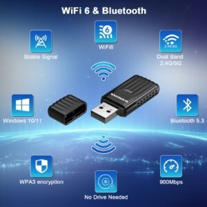 Wonlink AX900 WiFi 6 Adaptateur sans fil avec double bande 2,4G/5GHz, 900Mbps sans fil, sécurité WPA3, WiFi et dongle sans fil alimentés par USB, compatible avec Windows 10/11, pour la maison/bureau/Internet des choses (IoT) - Pas besoin d'alimentation externe, adaptateur WiFi pour PC, réseau de bureau, design élégant, connectivité haute vitesse, utilisateurs de la maison intelligente, Internet à domicile, design compact, connectivité fiable, travailleurs à distance