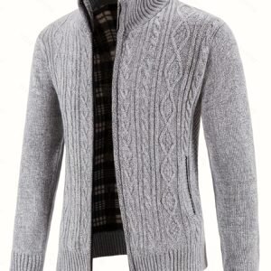 Men's Warm Cable-Knit Sweater Jacket - Winter Business Casual Coat with Stand Collar, Machine Washable Sweater for Office, Gym & Daily Wear - Cable-Knit Front Panel (No Belt Required) - Autumn/Winter