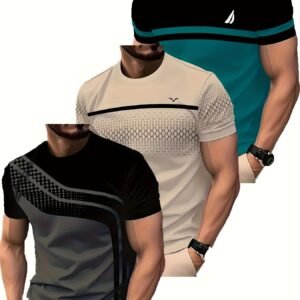 3pcs Men'S Athletic Short Sleeve T-Shirts - Breathable, Quick-Dry Summer Tops with Striped & Geometric Print, Regular Fit Round Neck for Gym, Training & Casual Wear, Workout Clothes, Modern Casual Style, Moisturewicking Fabric