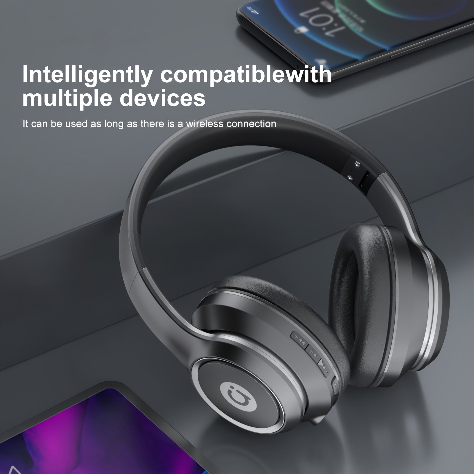 ASUS over-ear wireless headphones with microphone, foldable, long battery life, includes 3.5mm audio cable for PC connection, wireless compatibility with Android and iOS.