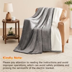 Couverture Électrique Queen, Couverture Chauffante Taille Reine avec 10 Niveaux de Chaleur et Réglage du Temps de Chauffe de 1 à 12 Heures, Flanelle vers Sherpa Inversible, Lavable en Machine