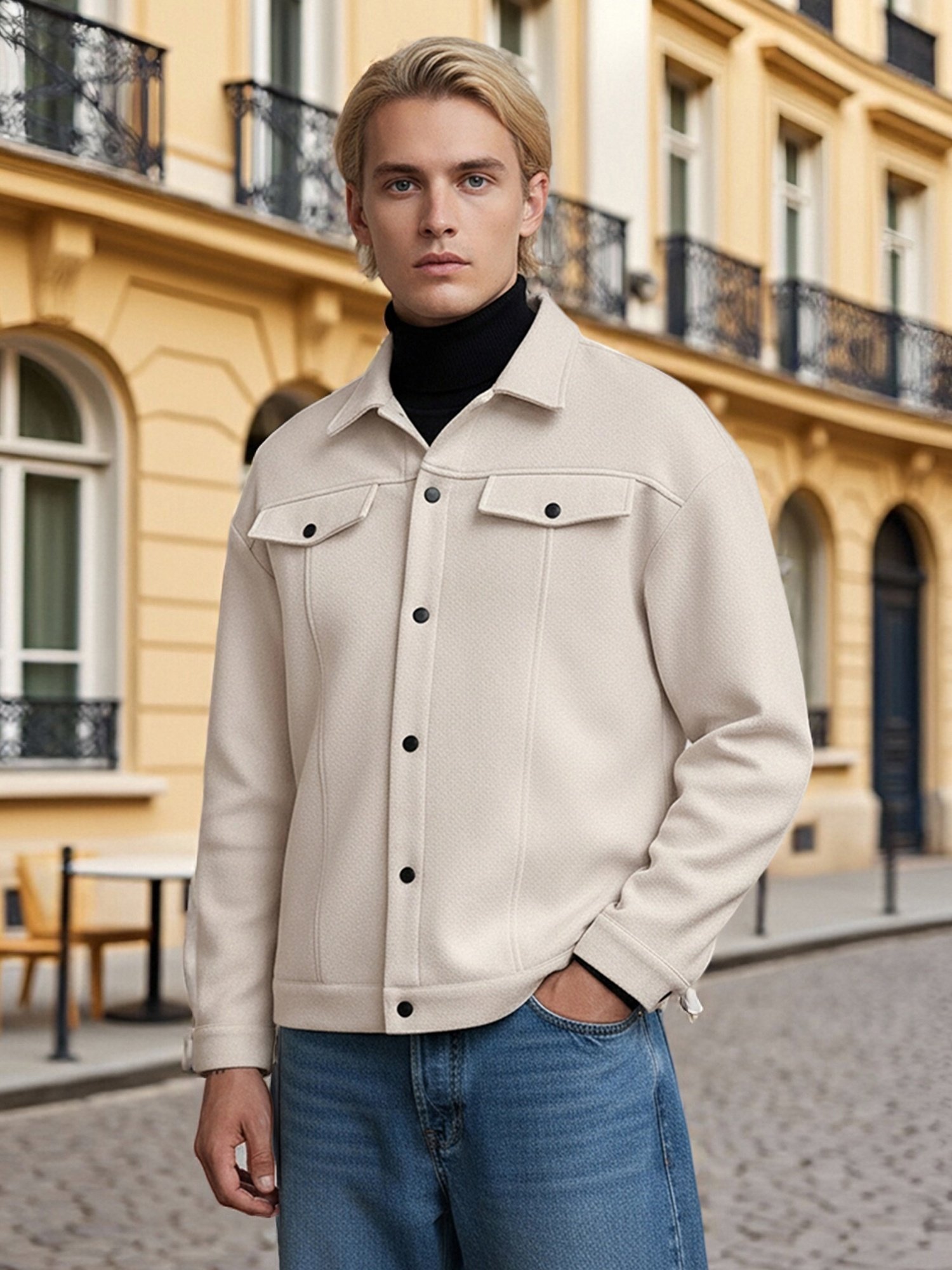 Manteau d'automne-hiver en polaire pour hommes, manches longues, col rabattu, veste unie à boutons-pression