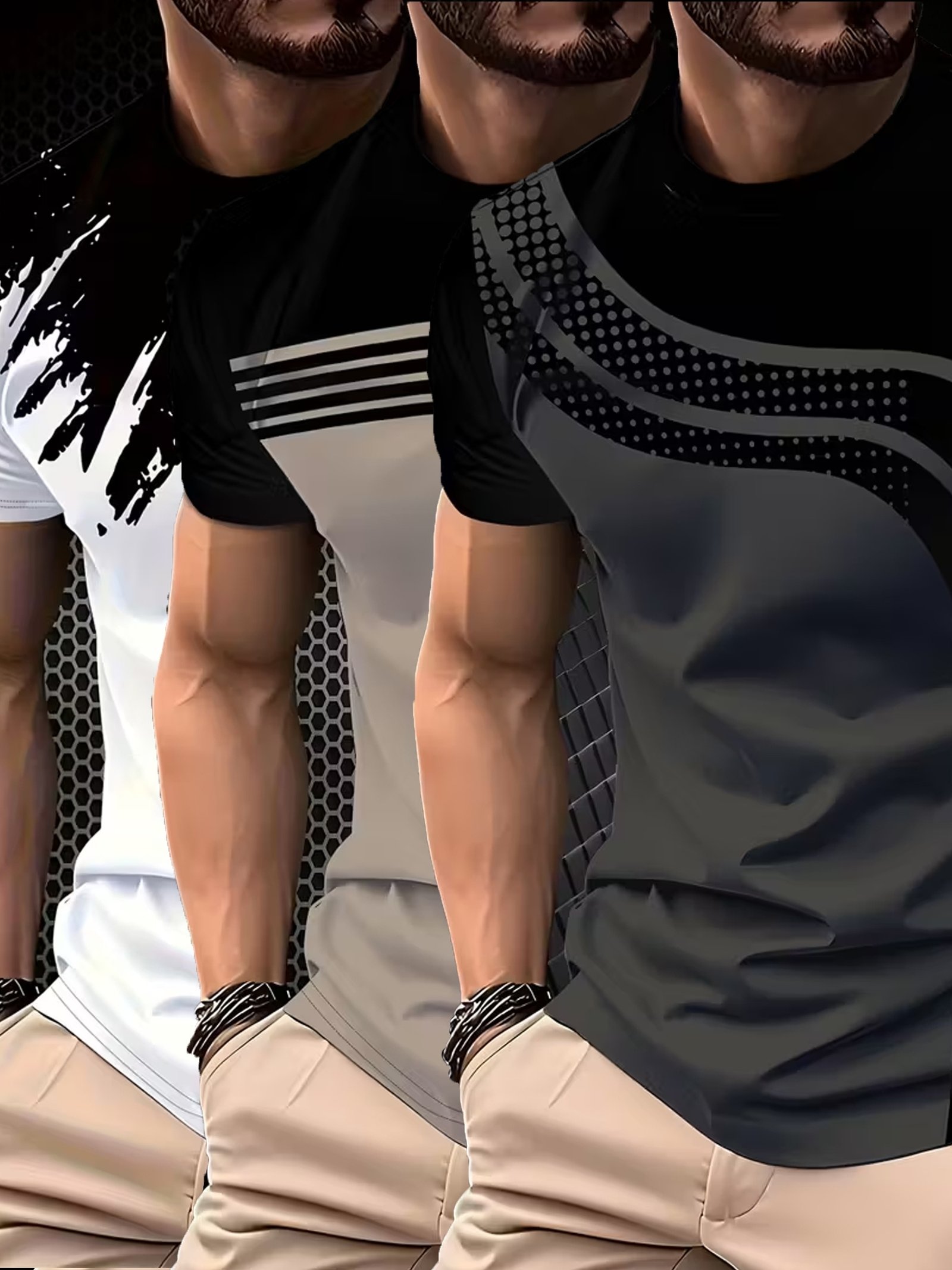 3pcs Men's Color-Block Short-Sleeve T-Shirt - Summer Round Neck Casual Tees with Multi-Color Options (,, Grey, Navy) | Machine-Washable Digital Print Shirts Suitable for Summer Wardrobe Essentials