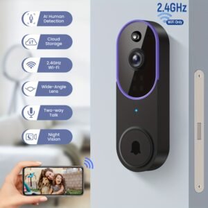 Sonnette Vidéo avec Caméra, Écran FHD 1080P, Communication Bidirectionnelle, Détection de Mouvement, Vision Nocturne, Connectivité Wifi 2.4G et une Grande Batterie de 5200Mah, Idéale pour la Sécurité de la Maison.