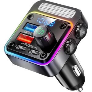 Adaptateur Voiture 54W BT 5.3 avec 4 Ports de Charge [PD 36W & QC3.0 18W], Émetteur FM Radio Sans Fil avec Basse Profonde & Rétroéclairage LED 5 Couleurs, Appels Mains Libres - Noir, Cadeau pour Noël, Halloween, Thanksgiving