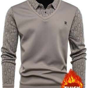 [Autumn/Winter Fleece Shirt] Soft, Warm Men's Autumn/Winter Fleece-Lined Long Sleeve Shirt - Decorative Vest Collar, English Letter Pattern, Button Detail, Perfect Gift for Him
