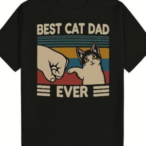 [Funny Cat Dad Tee] Funny "Best Cat Dad Ever" Graphic T-Shirt | Men's Black Casual Short Sleeve Tee with Cat and Paw Print Design, Playful Retro Style