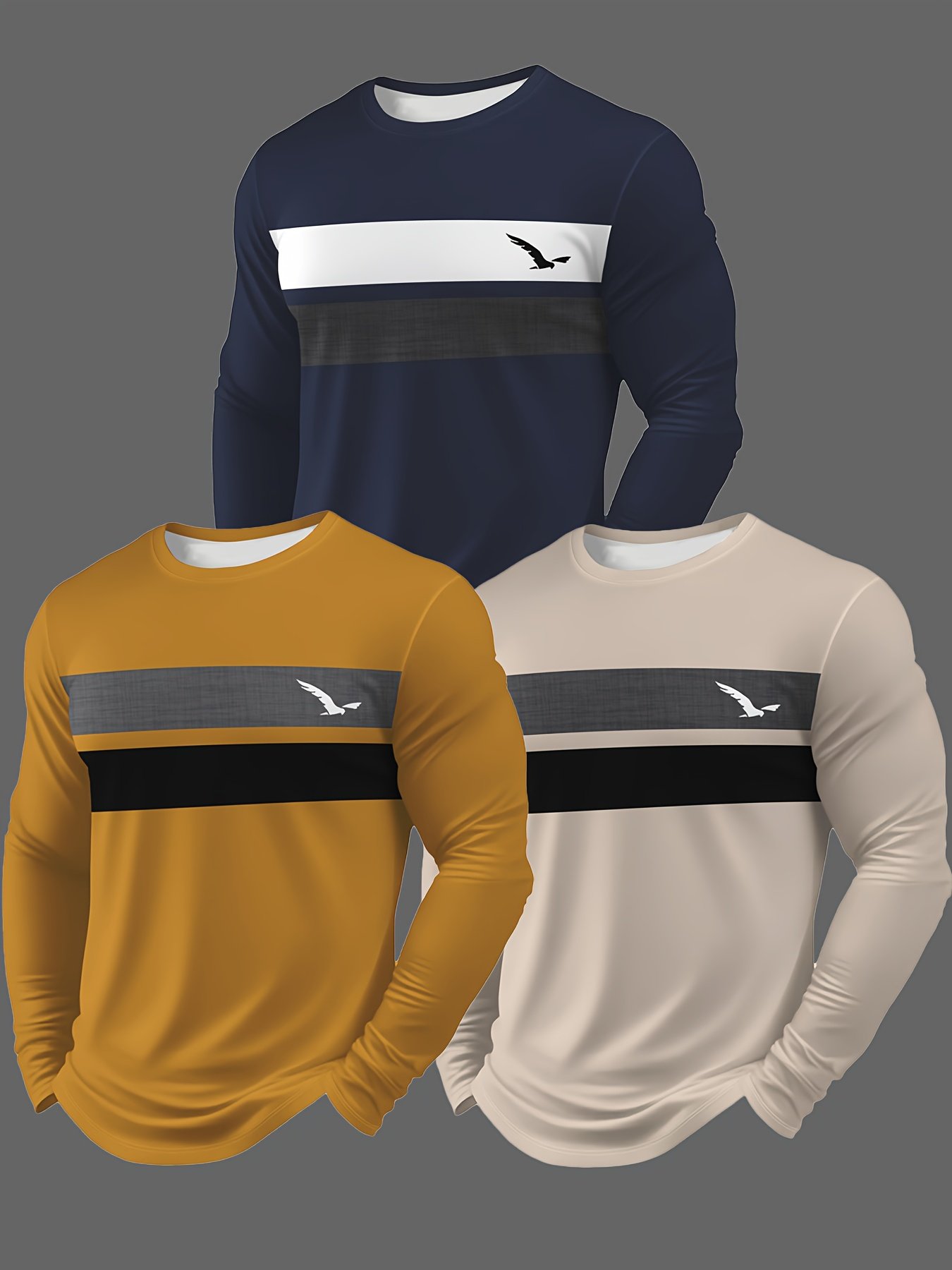 3pcs Men'S Casual Crew Neck Long Sleeve T-Shirts - Geometric Pattern, Regular Fit, Slight Stretch Fabric, Navy Blue, Beige, and Light Gray with Logo, Perfect for Casual Attire, Everyday Tshirt | Crew Neck Shirt | Comfortable Fit, for Cosplay by Firstmothoh Nogral TuhaosiskrCntbtClothing, YourclothingChiBrand Firstmothoh Estore Nov Chuck Chuck The Bombs Frag, BombclothingconChi Ali FirstmothohAndOr Winngsee anShralio MatteGRAlxntenMan My So Cal NylonCool Sticky