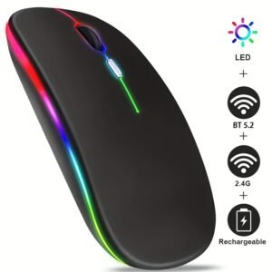 Souris sans fil rechargeable avec lumière LED, mode double BT et souris USB 2.4G pour le jeu, le portable, le tablette, le MacBook - Design noir élégant, forme ergonomique, plastique durable, chargement USB, chargeur non inclus, souris pour portable, accessoire pour tablette, accessoire moderne, surface lisse, souris sans fil pour portable, souris sans fil rechargeable, souris sans fil, souris ergonomique, souris de jeu, accessoire pour portable, souris ergonomique