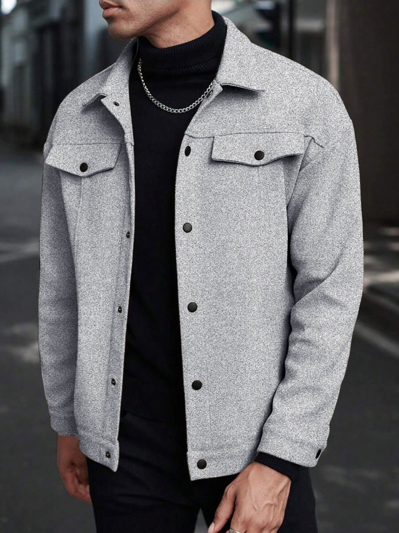 Manteau d'automne-hiver en polaire pour hommes, manches longues, col rabattu, veste unie à boutons-pression - Image 4