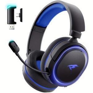 Casque de Jeu Sans Fil Picun Valorise UG-08S | Son Surround 7.1, Microphone à Réduction de Bruit, 3 Modes EQ, Récepteur Double USB-A/C pour PC/PS5/Switch - Noir avec Accents Bleus, Design Over-Ear, Coussinets Confortables