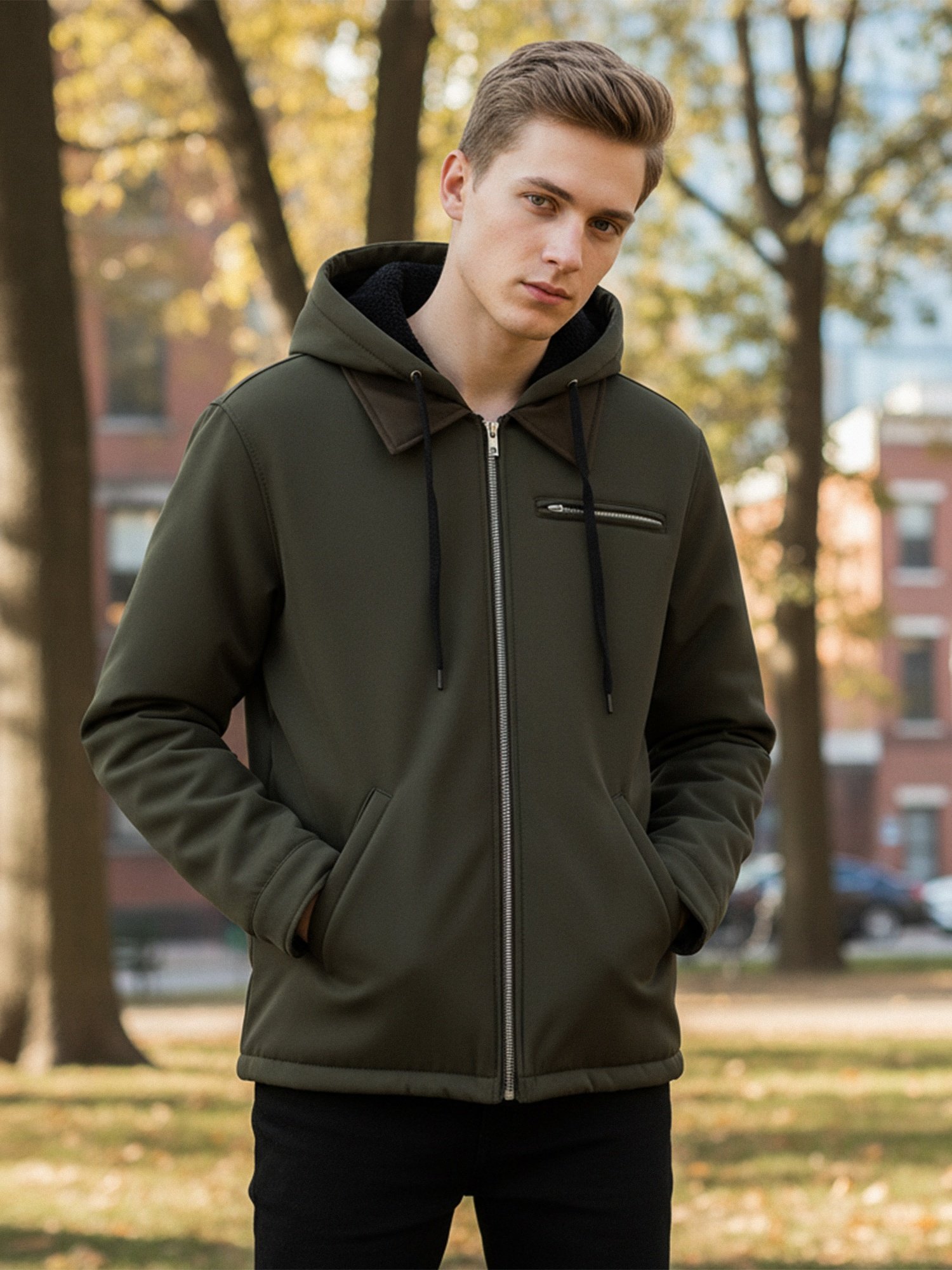 Veste à capuche pour homme à manches longues avec fermeture éclair, haut d'extérieur chaud pour l'automne avec poches - Image 6