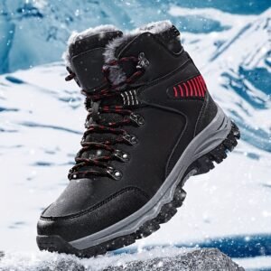 Botte d'Hiver de Haute Qualité pour Hommes avec Doublure en Fourrure, Chaussures de Randonnée Antidérapantes pour Temps Froid, Noires avec Accents Rouges/Bleus, Conception à Lacets, Semelle en Caoutchouc, Parfaites pour le Trekkings et l'Alpinisme, Équipement Extérieur pour le Froid | Botte Classique à Lacets | Chaussures de Neige Durables