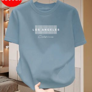 Men's 100% Cotton T-Shirt Slim Fit Short Sleeve - Los Angeles Logo Print & Signature-Like Lettering, Breathable Summer Casual Tee, Soft Round Neck Shirt for Casual Attire, -Themed Apparel (Hand Washable)