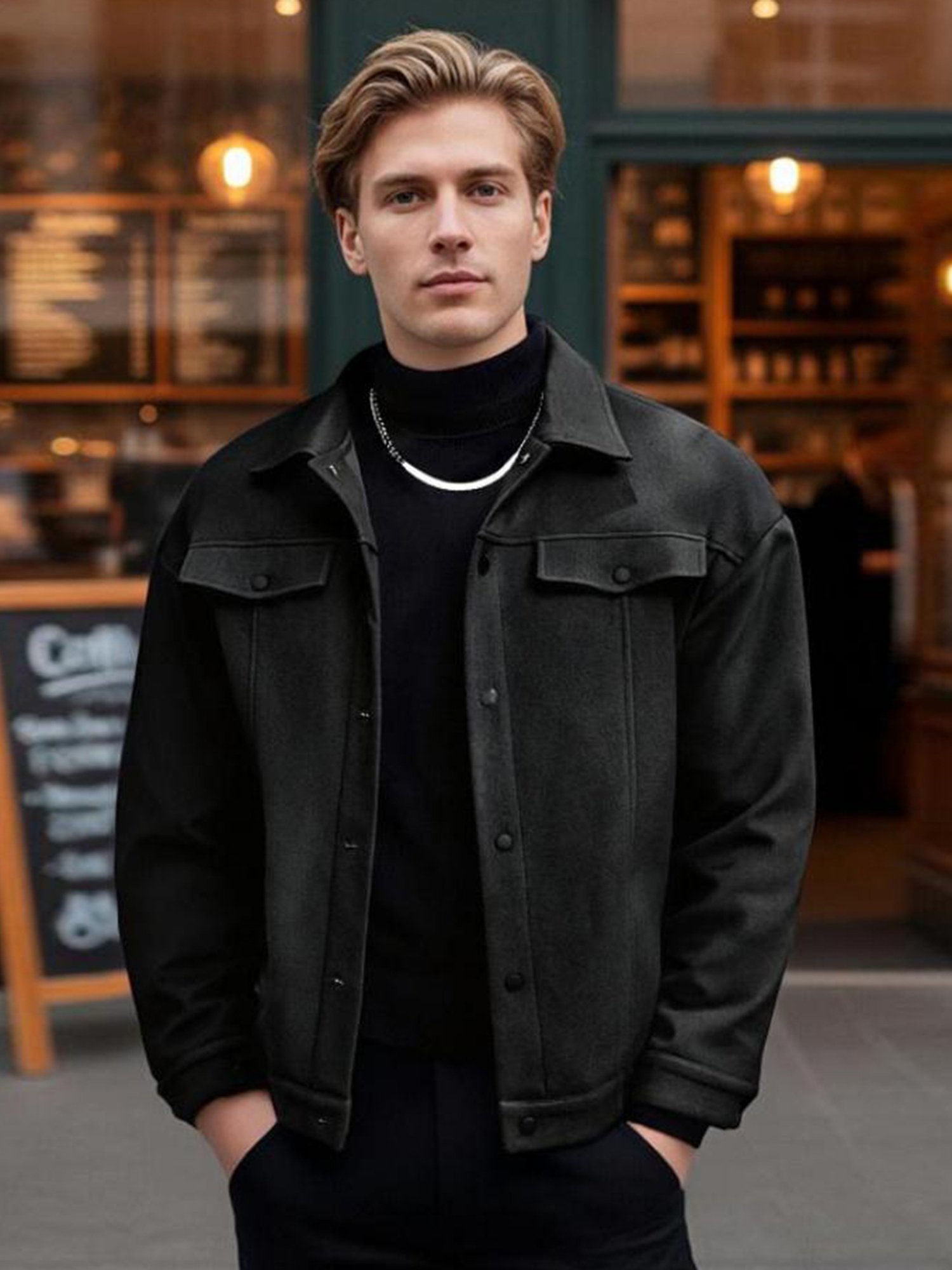 Manteau d'automne-hiver en polaire pour hommes, manches longues, col rabattu, veste unie à boutons-pression - Image 7