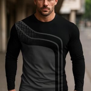 [Men's Casual T-Shirt] Men's Casual Long Sleeve T-Shirt with Unique Print - Black, Round Neck, Regular Fit, Perfect for Spring & Fall Daily Wear, Everyday Tshirt | Modern Casualwear | Comfortable Fit