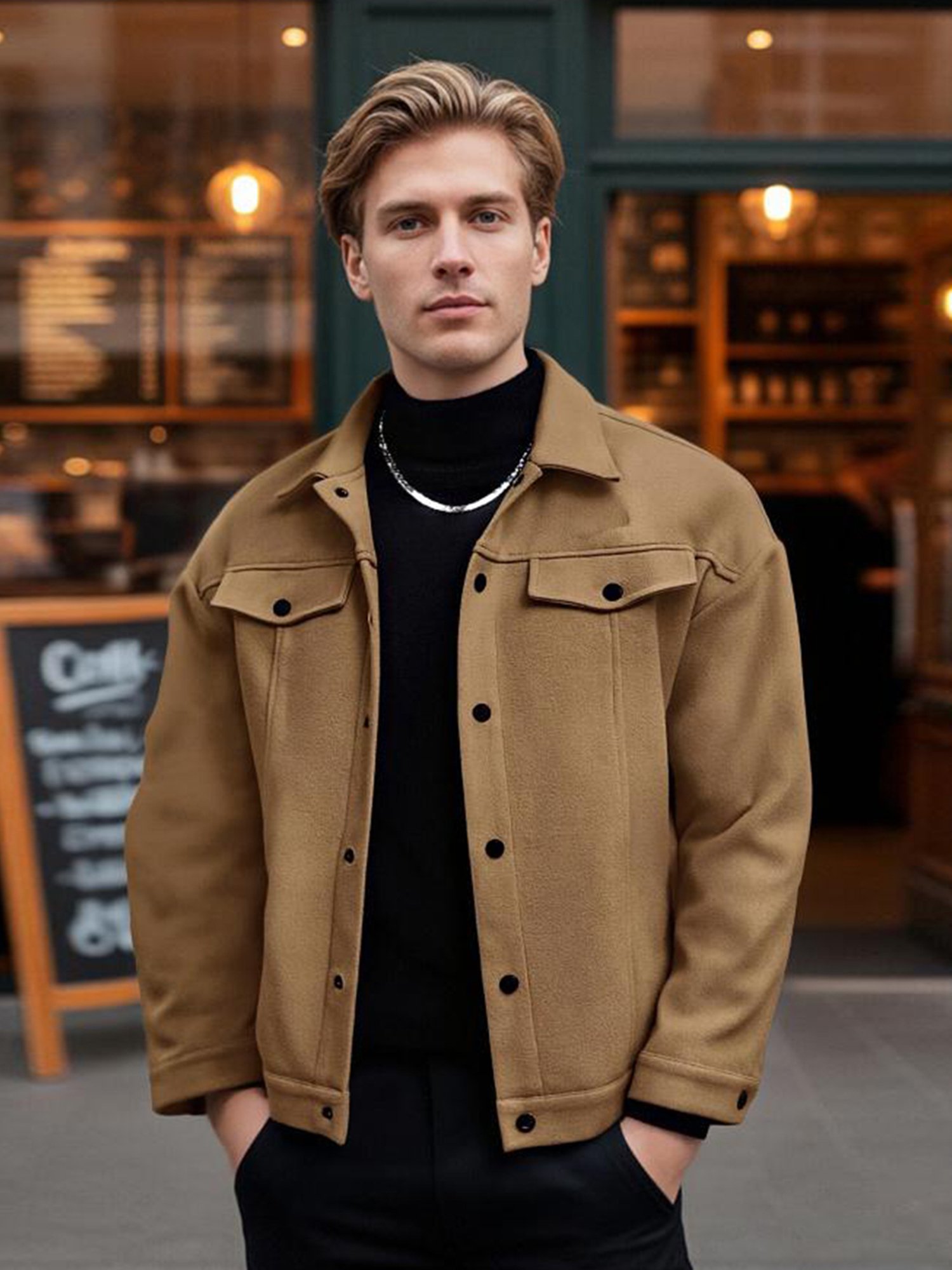 Manteau d'automne-hiver en polaire pour hommes, manches longues, col rabattu, veste unie à boutons-pression - Image 6