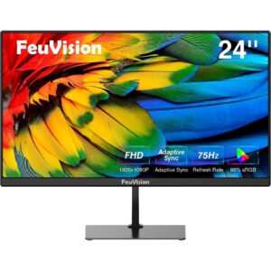 FeuVision Moniteur 24" & 27" 1080p Full HD, Moniteur pour Jeu et Bureau, Cadre 3 côtés Ultra Mince, 75Hz, Panneau VA, 99% sRGB, Sync Adaptatif, HDMI & VGA, Haut-Parleurs Intégrés, Montage VESA