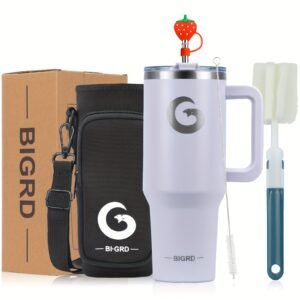 1 gobelet BIGRD de 40 oz avec poignée et paille, tasse de voyage entièrement étanche, en acier inoxydable avec isolation sous vide à double paroi pour le café, livré avec des accessoires comprenant un couvercle 2-en-1, une paille en acier, un nettoyant et un sac de transport