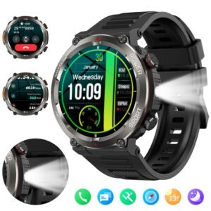 Montre Connectée Homme avec Éclairage LED, Fonction d'Appel Sans Fil, Écran HD 1.45 Pouces en Verre Trempé, Tracker de Fitness, Pedomètre, Suivi des Mouvements, Plus de 120 Modes Sportifs, Montre pour Aventures Extérieures, Autonomie >30 Jours, Design Élégant, Affichage Haute Définition, Compagnon d'Entraînement, Pour Hommes Actifs et Passionnés de Fitness