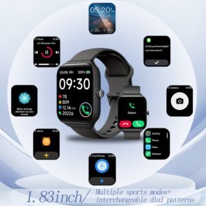 Montre Connectée Homme et Femme 1.83 pouces | Montre Connectée Sport avec en Silicone Confortable, Multiples Modes Sportifs, Motif de Cadran Interchangeable, Suivi de Fitness, Rappel d'Informations, Rappel de Sedentarité, Rappel d'Alarme, Chronomètre, Appel