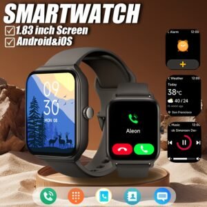 Montre Connectée 1.83 pouces Conçue pour Hommes et Femmes, avec une Mode Sport avec Plus de 100 Options, une en Silicone Confortable, Capacités de Suivi de Fitness, Notifications de Messages, Rappels d'Inactivité, Fonctions d'Alarme, un Localisateur de