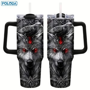 Gobelet Viking Wolf Foloda de 40 oz avec poignée et paille - Tasse de voyage isotherme en acier inoxydable, étanche, cadeau parfait pour les hommes, fête des pères, anniversaire, Noël, tasse de voiture pour l'extérieur, tasse de voyage pour café