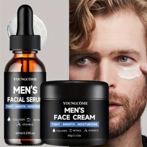 YOUNGCOME Sérum Crème pour Hommes, Combo à l'Acide Hyaluronique, Vitamine E, Rétinol, Collagène, Effet Raffermissant Beige Clair, Hydratation Longue Durée, Adapté à Tous les Types de Peau Beige Clair, Coffret Cadeau 30g+1.35oz/60g+2.03oz