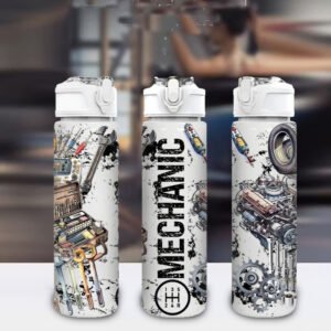 1 bouteille d'eau sur le thème de la mécanique avec motif d'outils - 750 ml/26 oz, couvercle à levier étanche, plastique durable pour salle de sport, sport, voyage, yoga, course à pied - Construction robuste pour la maison et l'extérieur