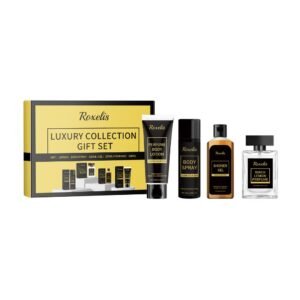 Coffret Cadeau de Luxe Parfum & Soin pour Homme Roxelis - Cologne Longue Durée, Gel Douche & Lotion pour Peaux Sensibles et Claires, Routine de Nettoyage Hydratante, Emballage Élégant Doré, Tous Types de Peau Claire, Cadeau Idéal pour Homme