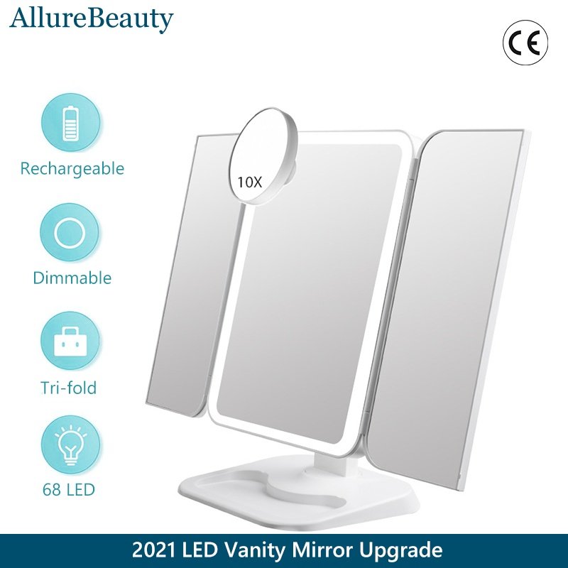 Trifold Makeup Mirror With Light 68 LED Vanity Mirrors 10X Magnifying 180Rotation - Image 2