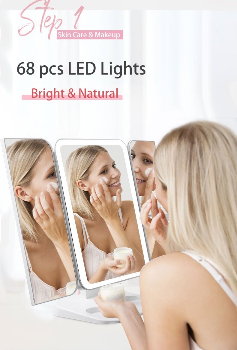 Trifold Makeup Mirror With Light 68 LED Vanity Mirrors 10X Magnifying 180Rotation - Image 6